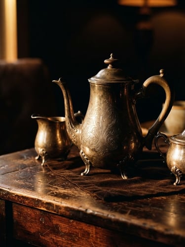 Moody macro shot of vintage silver coffee service on dark mahogany table, warm golden-hour window light, dramatic chiaroscuro, 35mm film.