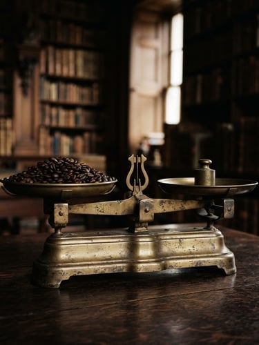 Moody editorial photography, low-key chiaroscuro lighting of a dark roasted coffee bean allocation on an antique brass scale inside a historic mahogany library, 35mm film