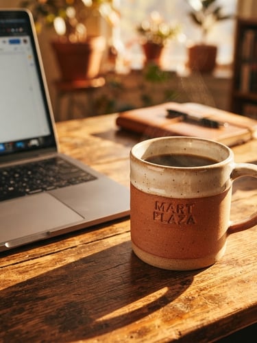Wide, sun-drenched image, tightly cropped, showing a terracotta Mart Plaza stoneware mug on a wooden desk next to a sleek laptop, warm afternoon sunlight casting cozy shadows, shallow depth of field.