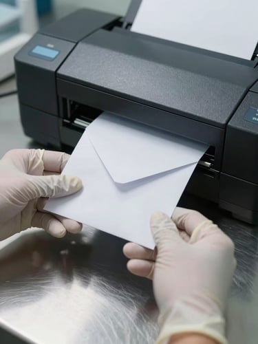 Extreme close-up of a pair of hands in nitrile gloves feeding a sealed white envelope into a high-resolution document scanner on a clean stainless steel desk, bright overhead studio lighting, clinical and precise