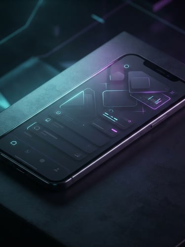Angled isometric 3D render of a modern Android smartphone mockup displaying a clean dark-mode interface, low-key studio lighting with neon cyan and electric violet backlighting casting soft reflections on the glass screen, dark tech aesthetic, octane render