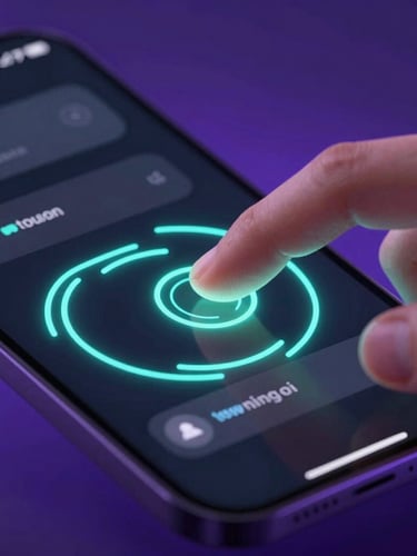 Macro close-up of a finger interacting with a sleek, dark-mode mobile interface, neon cyan glowing lines tracing the touch, low-key studio lighting with soft violet backlighting.
