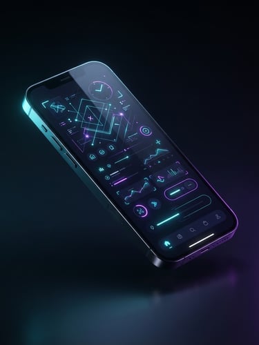 Sleek close-up of a high-fidelity mobile device mockup showing a clean interface, low-key studio lighting with vibrant neon cyan and violet backlighting casting soft reflections, octane render