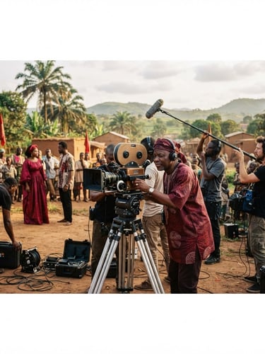 Wide panoramic behind-the-scenes film set in Guinea, a director with a vintage film camera, warm West African natural sunlight, deep red accents in the scene, cinematic depth of field, 35mm film look.