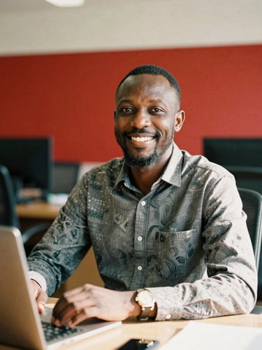 Portrait professionnel du président de la FENACIG, souriant, dans un cadre de bureau moderne avec des touches d'art africain, lumière naturelle chaude, profondeur de champ cinématique, 35mm film look.