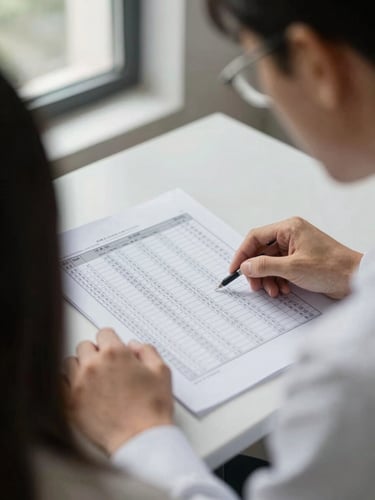 Over-the-shoulder view of two practitioners at a table reviewing a printed spreadsheet, one pointing at a row of figures, natural window light from the left, close crop showing hands and documents, no posed expressions