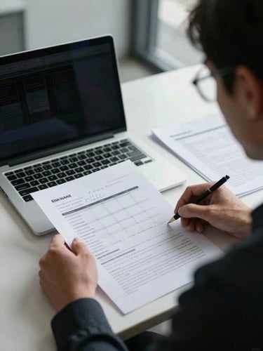 Over-the-shoulder view of an analyst at a desk reviewing printed spreadsheets and handwritten notes under cool office window light, a laptop open beside the documents, hands resting on the page mid-review