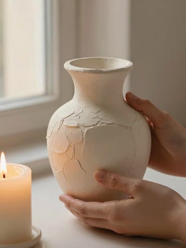 Tactile close-up of hands gently holding a raw, sculptural plaster vase next to a burning candle, warm golden-hour light, soft window shadows, muted cream tones, 35mm