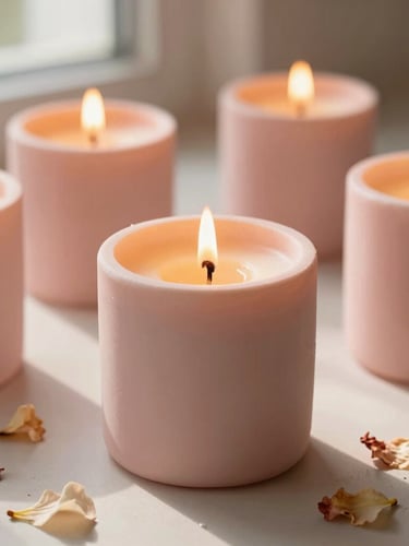 Close-up of elegant handmade soy candles in soft pink plaster vessels, warm flickering light, delicate dried flower petals scattered around, soft golden hour shadows