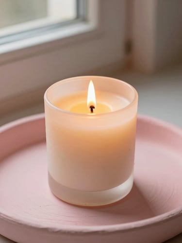 Close-up of a lit soy candle casting a warm golden glow on a soft pink plaster tray, gentle window shadows, warm editorial photography, 35mm