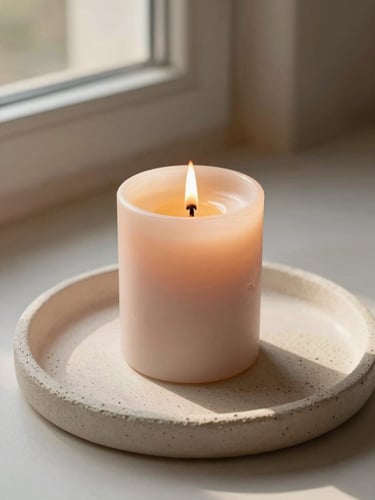 Warm editorial photography of a single lit soy candle on a textured plaster tray, soft golden-hour window light casting long gentle shadows, muted pastel tones, shallow depth of field, 35mm