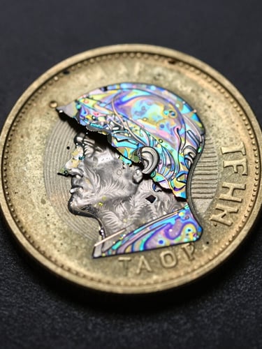 Macro flat lay of a tamper-evident holographic seal on a metallic coin, showing the self-destroying pattern peeling away under dramatic studio rim lighting.