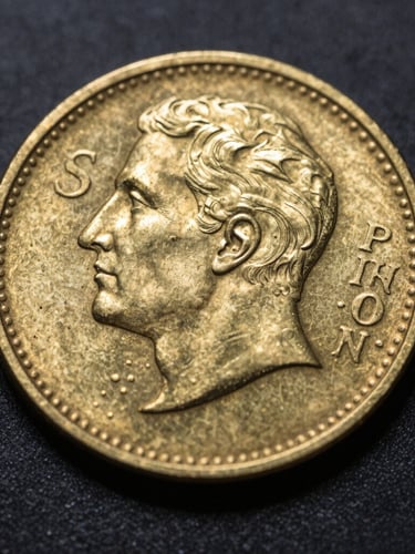 Macro photograph of a heavy gold minted coin under dramatic low-key studio lighting, sharp rim lights highlighting the deep-etched metallic engravings against a dark background.
