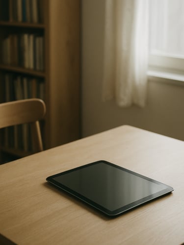 A quiet, minimalist reading room with soft morning window light illuminating an open digital tablet on a clean wooden table.