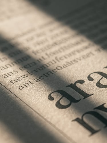 A close-up macro detail of a printed editorial page, soft morning sunlight casting long shadows across crisp typography, 35mm lens, desaturated tones.