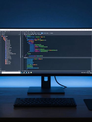 Sleek developer workspace, overhead desk layout, glowing screen showing active terminal and clean code, cool blue ambient light.