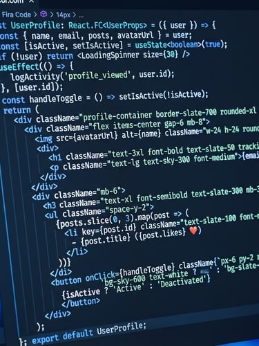 Extreme close-up of clean, well-structured React and TypeScript code on a high-resolution screen, deep slate background with a vibrant electric blue ambient glow.