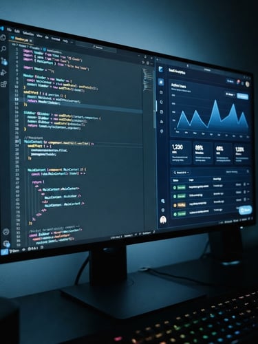 Sleek developer workspace, close-up angled shot of a high-resolution screen displaying clean React code and a modern SaaS dashboard, cool blue ambient light, dark slate tones, 35mm