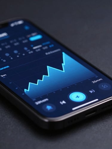 Close-up of a high-resolution smartphone displaying a custom mobile application interface with electric blue graphs, dark slate background, cool studio lighting, 35mm.