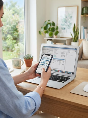 A bright, clean home office desk with a laptop showing a utility document, hands holding a smartphone, natural daylight, soft green and blue tones.