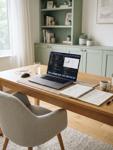 A bright, modern home office interior with soft green accents, a laptop open on a wooden desk, and a notebook with clear handwriting.
