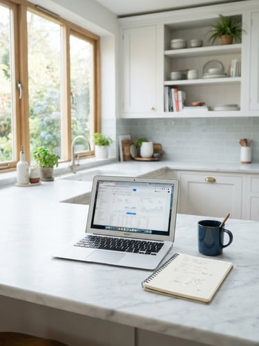 Bright modern kitchen interior with soft daylight shining on a clean marble countertop, a laptop open next to a notepad, professional and calm atmosphere