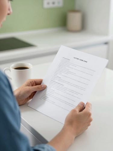 Close-up of a person sitting in a bright kitchen, reviewing a paper document calmly with a cup of coffee nearby.