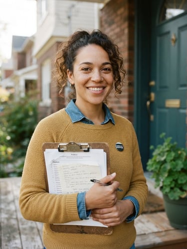 A close-up portrait of a young female community organizer smiling warmly in natural daylight, holding a clipboard on a suburban doorstep, 35mm lens, shallow depth of field.