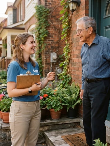 A warm documentary portrait of a young woman volunteer with a clipboard, smiling warmly while talking to a resident on a sunlit doorstep, natural outdoor daylight, rich authentic tones, 35mm lens.