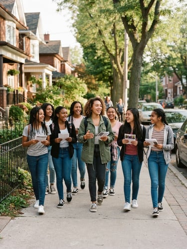 A warm documentary photograph of a group of young women and youth walking together down a sunny neighborhood street, holding flyers, natural outdoor daylight, candid framing, 35mm lens