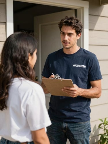 A warm documentary photograph of a volunteer with a clipboard talking to a young woman on a sunlit doorstep, natural outdoor daylight, candid framing, 35mm lens, shallow depth of field
