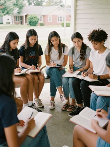 A wide shot of a diverse group of young women and youth gathered on a sunny porch, actively discussing community plans with notebooks open, natural daylight, candid 35mm photography.
