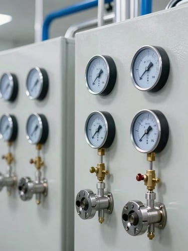 Close-up of industrial RO plant control panel with digital flow meters and pressure gauges, sharp focus, clean bright factory lighting, polished stainless steel equipment.