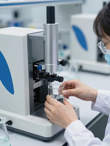 Laboratory technician performing water quality analysis with precision instruments, clean, bright lighting, focus on hands and glassware.