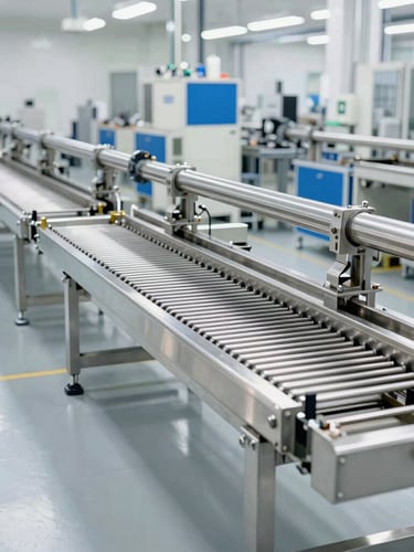 Wide shot of a clean industrial factory assembly floor with polished stainless steel RO skids in various stages of assembly under bright studio lighting, no people visible.
