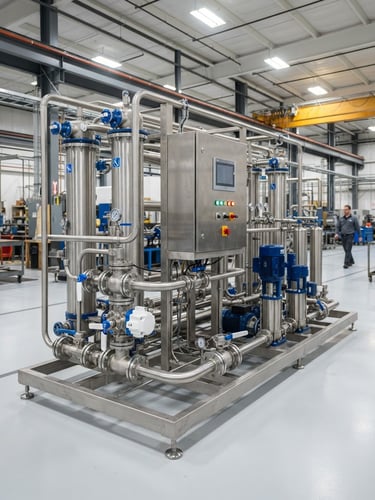 Wide shot of a polished stainless steel industrial RO plant skid with multi-port control valves, clean factory assembly floor, bright industrial studio lighting, high detail.