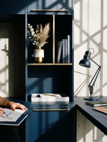 Sharp architectural detail of a modern creative studio, bright daylight with geometric shadows, deep navy and gold accents, minimalist interior, 35mm