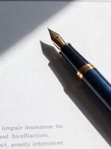Close-up of a fountain pen resting on a structured contract, heavy paper stock, crisp daylight, geometric shadows, deep navy and gold accents