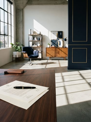 Wide architectural angle of a modern creative studio interior, crisp high-contrast daylight, sharp geometric shadows on polished concrete, a single fountain pen resting on a structured legal document on a dark wood desk, deep navy and gold accents.