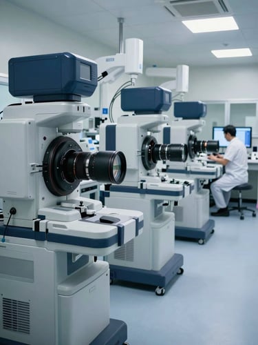Wide-angle shot of an active hospital diagnostic lab, rows of advanced imaging and analysis equipment under clean north-facing daylight, a technician in the far background reviewing a workstation screen, precise and operational atmosphere, deep blue and silver equipment surfaces