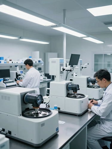 Wide-angle view of an active clinical laboratory, centrifuges and diagnostic analyzers in the foreground, technicians working at benches under clean north-facing studio lighting, stainless steel surfaces, precise and operational
