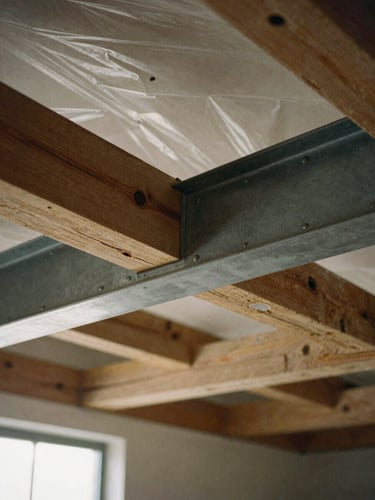 Close-up of newly installed steel beam supporting historic timber joists, under soft, directional work light, dust-containment plastic visible in background, muted earthy tones, medium format film.