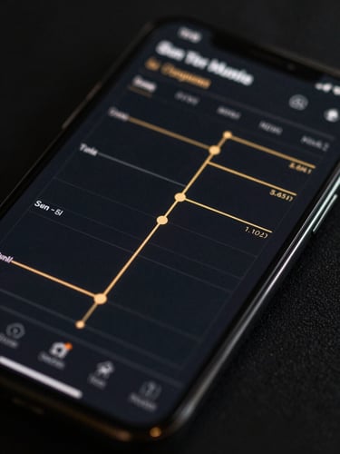 Macro shot of a high-contrast mobile screen displaying an active conversion funnel with gold-toned data lines on a dark obsidian background, low-key dramatic lighting.