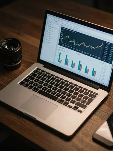 Overhead clean workspace with a high-end laptop showing analytics graphs, dramatic low-key lighting with subtle gold backlighting
