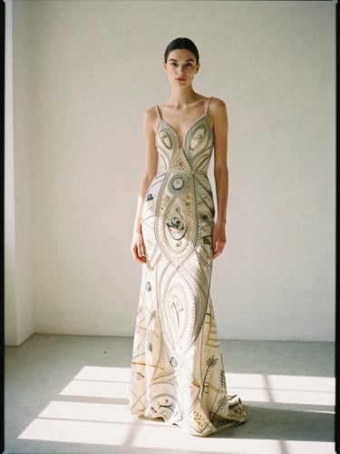 Editorial portrait shot of a model wearing an intricately hand-stitched couture gown, standing in a quiet natural light studio with soft shadows, 35mm film grain
