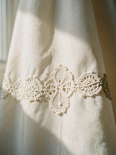 Extreme close-up of delicate hand-stitched lace applique on heavy ivory silk, soft directional natural light, deep soft shadows, 35mm film grain.