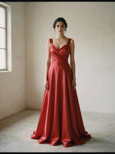 A high-fashion editorial portrait of a modern Sangjit bridal gown in heavy crimson silk, standing in a minimalist concrete courtyard, soft natural window light, muted cream tones, 35mm film grain