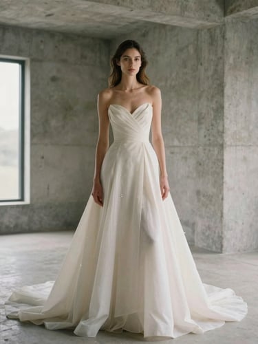 Editorial high-fashion bridal gown portrait, model in a minimalist concrete architectural space, soft natural window light, muted cream tones, sharp focus, 35mm film grain.