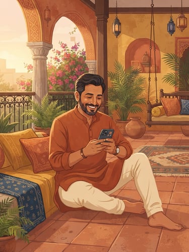 Warm flat vector illustration of a friendly middle-aged Indian man sitting on a veranda, smiling warmly while looking at his smartphone, soft golden-hour sunlight, terracotta and mustard tones, hand-drawn style