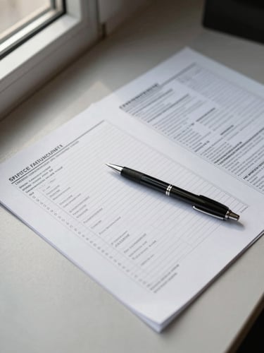 Overhead close-up of organized financial documents spread on a matte desk, a pen resting diagonally across a compliance checklist, natural window light from the upper left casting a subtle shadow, crisp and even exposure